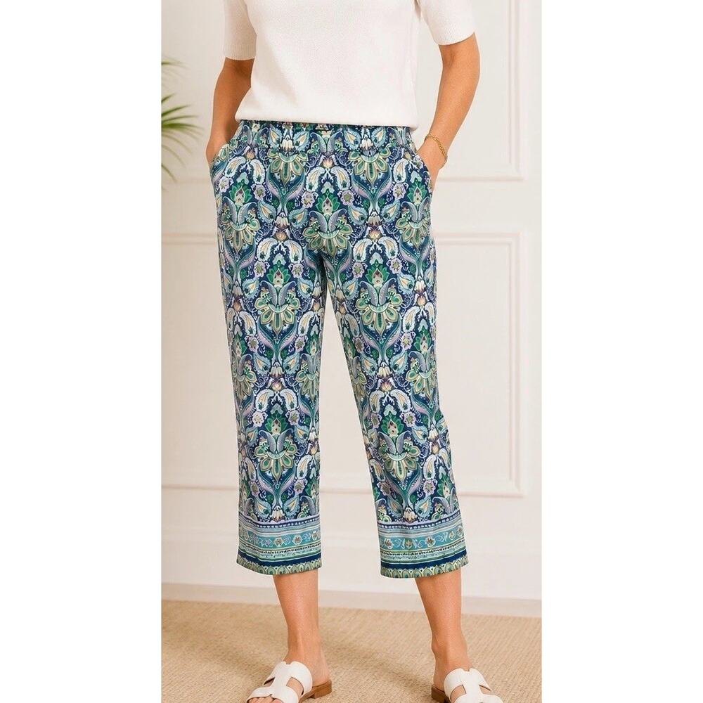 Talbots Pull On Crop Pants Women's XL Wide Leg Jersey Knit Pockets Navy Paisley